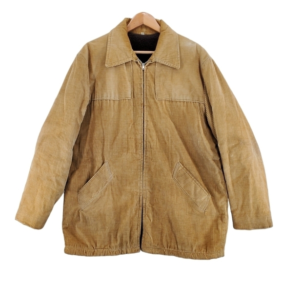 Vtg Jacket Coat Mens 44 Tan Corduroy Faux Fur Lined Zip Up Quilted Sleeves - Picture 16 of 16